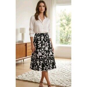 Principe Skirt Size 4 Black White Embroidered Floral Back Zip 100% Linen